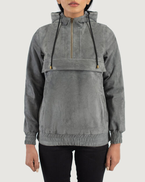 Indulge Grey Hooded Suede Pullover Jacket